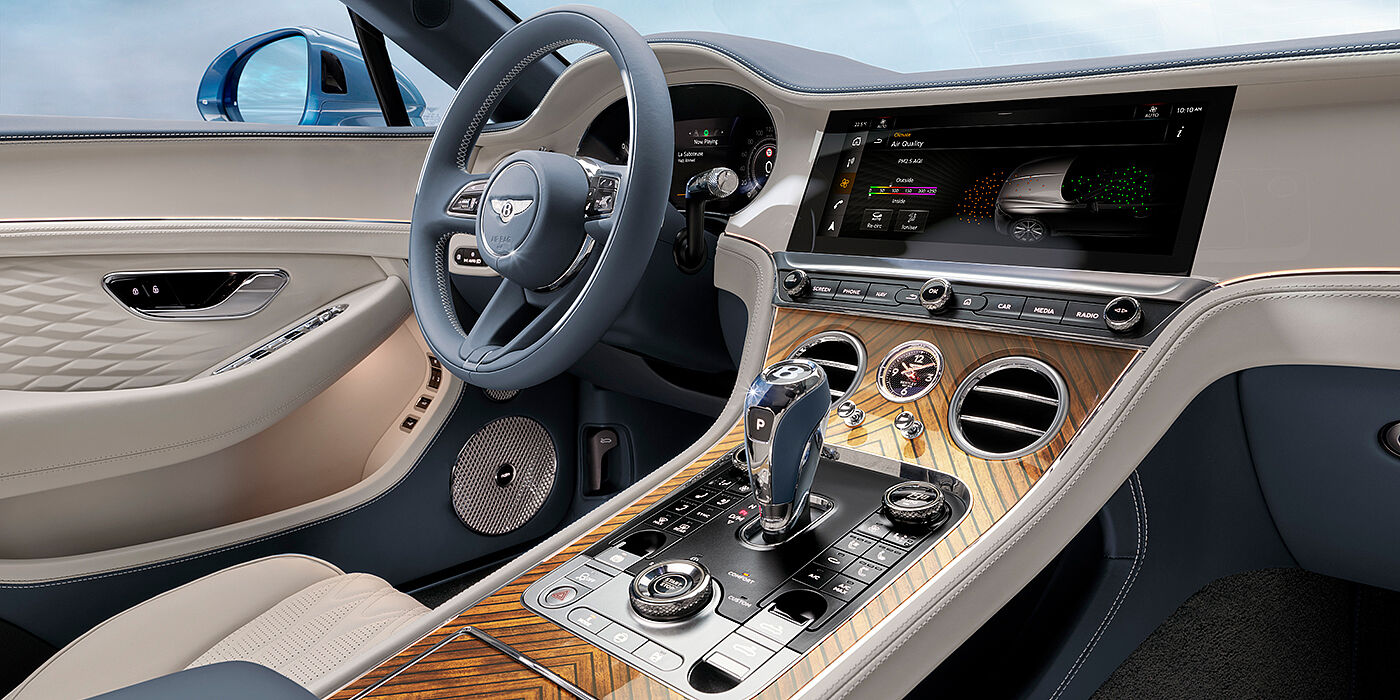 Bentley Copenhagen New Bentley Continental GTC Azure convertible interior front cabin view with Linen and Brunel hides and Piano Linen by Mulliner veneer featuring centre console and centre MMI screen