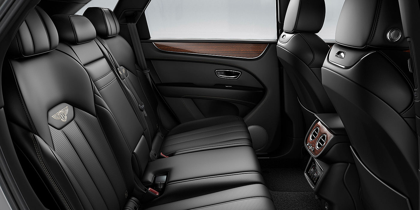 Bentley Copenhagen Bentey Bentayga interior view for rear passengers with Beluga black hide.