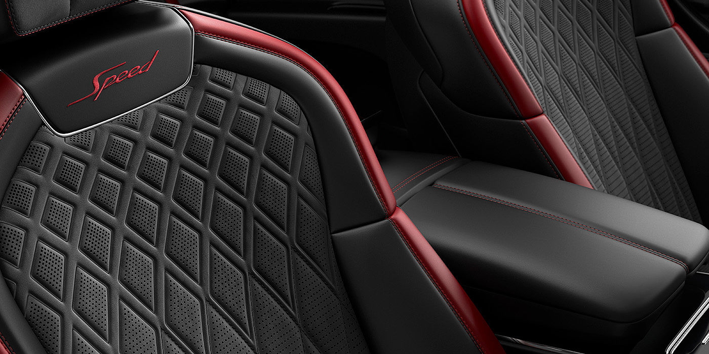 Bentley Copenhagen Bentley Flying Spur Speed sedan seat stitching detail in Beluga black and Cricket Ball red hide