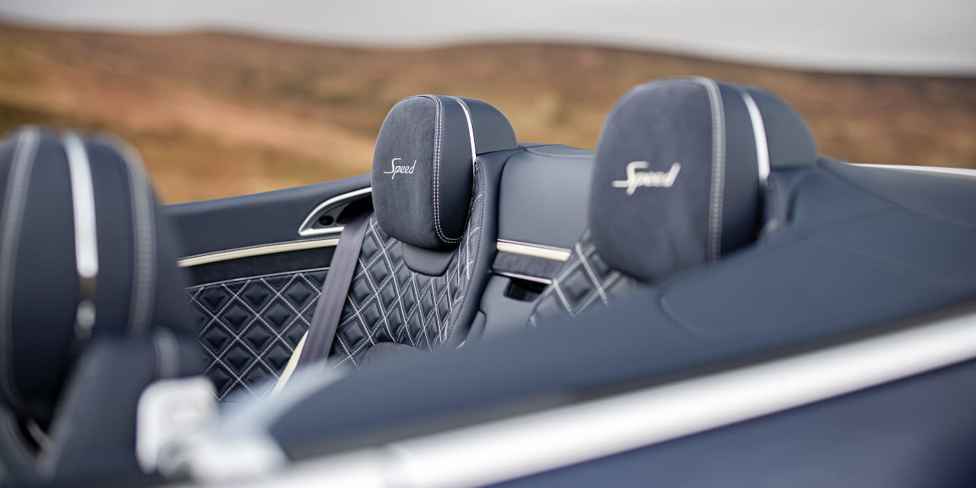 Bentley Copenhagen Bentley Continental GTC Speed convertible rear interior in Imperial Blue and Linen hide
