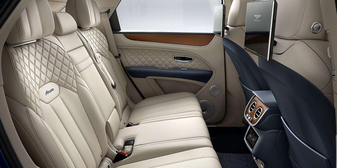 Bentley Copenhagen Bentley Bentayga Azure SUV rear interior in Imperial Blue and Linen hide