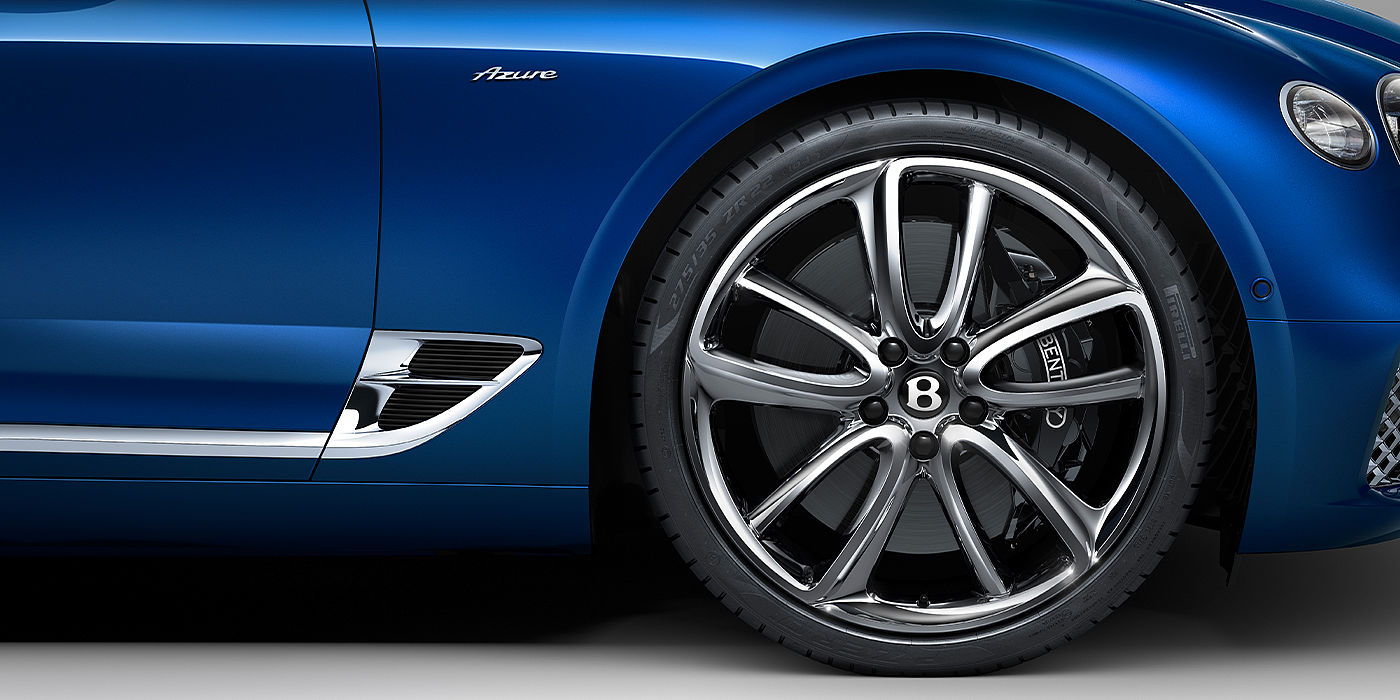 Bentley Copenhagen Bentley Continental GT Azure coupe in Sequin Blue paint side close up with Azure badge