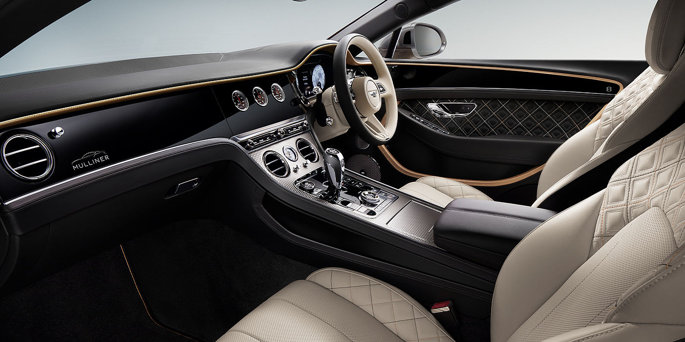 Bentley Copenhagen Bentley Continental GT Mulliner coupe front interior in Beluga black and Linen hide