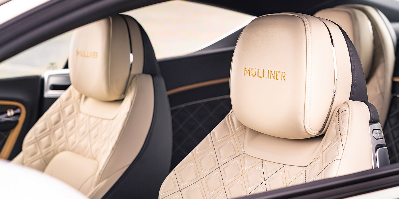 Bentley Copenhagen Bentley Continental GT Mulliner coupe seat detail in Beluga black and Linen hide