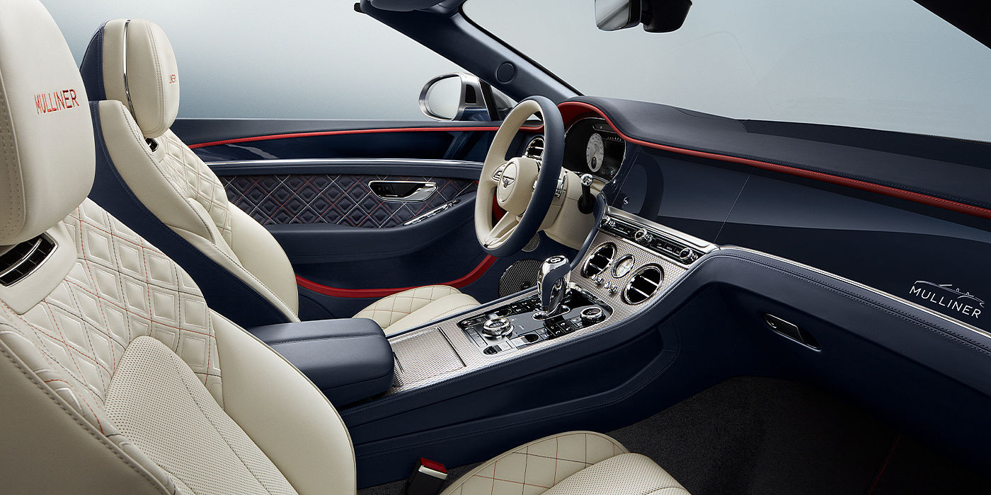 Bentley Copenhagen Bentley Continental GTC Mulliner convertible front interior in Imperial Blue and Linen hide