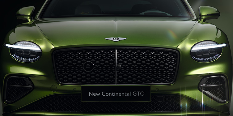 Bentley Copenhagen Bentley Continental GTC Speed convertible front bonnet detail in Tourmaline Green paint showing new light design