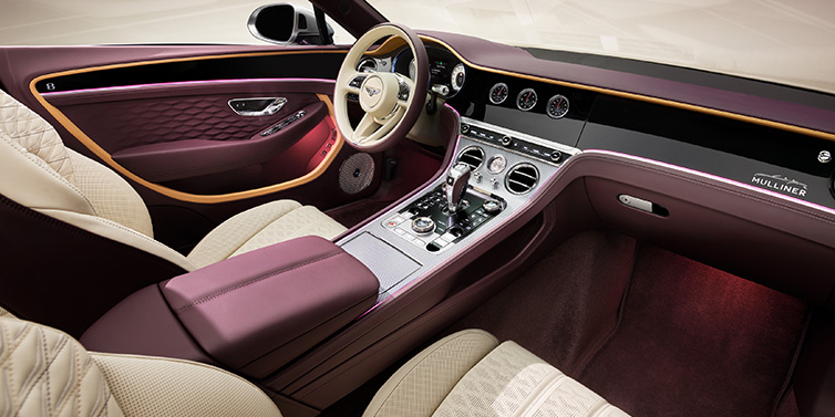 Bentley Copenhagen Bentley Continental GTC Mulliner convertible front interior including Linen and Damson purple hides and Grand Black veneer