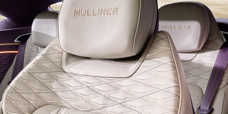 Bentley Copenhagen Bentley Continental GT Mulliner coupe seat detail in Linen leather with Mulliner Diamond in Diamond quilting and Mulliner embroidered seat emblem